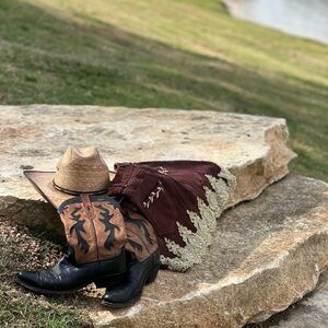 Western Cowboy Boots and Hat with Embroidered Skirt